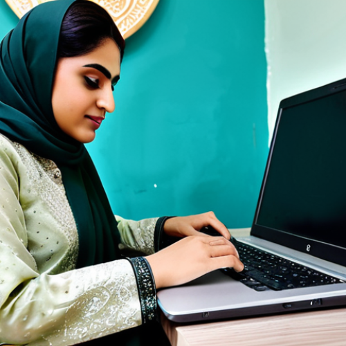 Home 14 **
A professional Pakistani woman in a modest Shalwar Kameez (traditional Pakistani dress), working on a laptop at a beautifully decorated desk in a modern office in Karachi. The office should feature Islamic art motifs and Urdu calligraphy. Fully clothed, appropriate attire, safe for work, perfect anatomy, natural proportions, professional photography, high quality.
**
