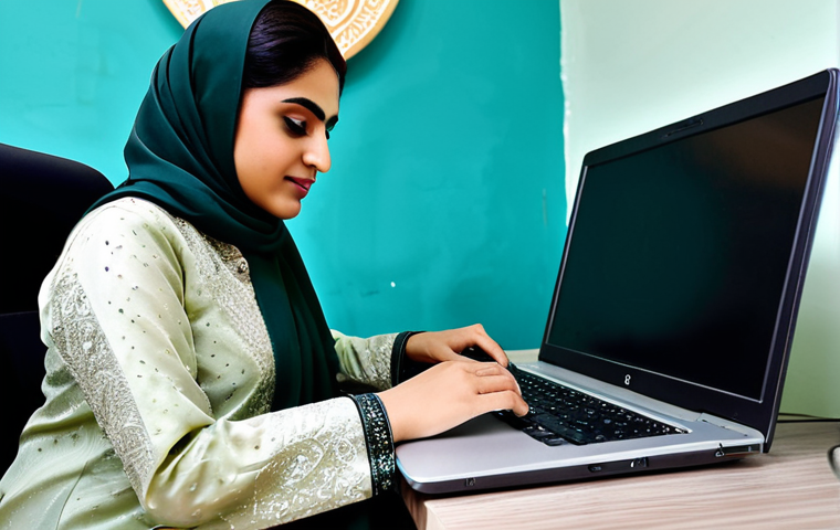 **
A professional Pakistani woman in a modest Shalwar Kameez (traditional Pakistani dress), working on a laptop at a beautifully decorated desk in a modern office in Karachi. The office should feature Islamic art motifs and Urdu calligraphy. Fully clothed, appropriate attire, safe for work, perfect anatomy, natural proportions, professional photography, high quality.
**