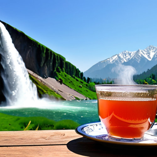 Home 7 Kashmiri Tea by a Waterfall**
A steaming cup of Kashmiri tea (Noon Chai) on a small wooden table, set against the backdrop of a majestic Kashmiri waterfall. The tea is a distinctive pink color, served in a traditional cup. In the background, lush green mountains and a clear blue sky. Focus on the details of the teacup and the surrounding natural beauty. safe for work, appropriate content, fully clothed, modest clothing, professional, perfect anatomy, correct proportions, natural pose, well-formed hands, proper finger count, natural body proportions, high quality.
**