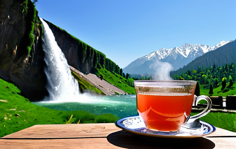 Kashmiri Tea by a Waterfall**
A steaming cup of Kashmiri tea (Noon Chai) on a small wooden table, set against the backdrop of a majestic Kashmiri waterfall. The tea is a distinctive pink color, served in a traditional cup. In the background, lush green mountains and a clear blue sky. Focus on the details of the teacup and the surrounding natural beauty. safe for work, appropriate content, fully clothed, modest clothing, professional, perfect anatomy, correct proportions, natural pose, well-formed hands, proper finger count, natural body proportions, high quality.
**