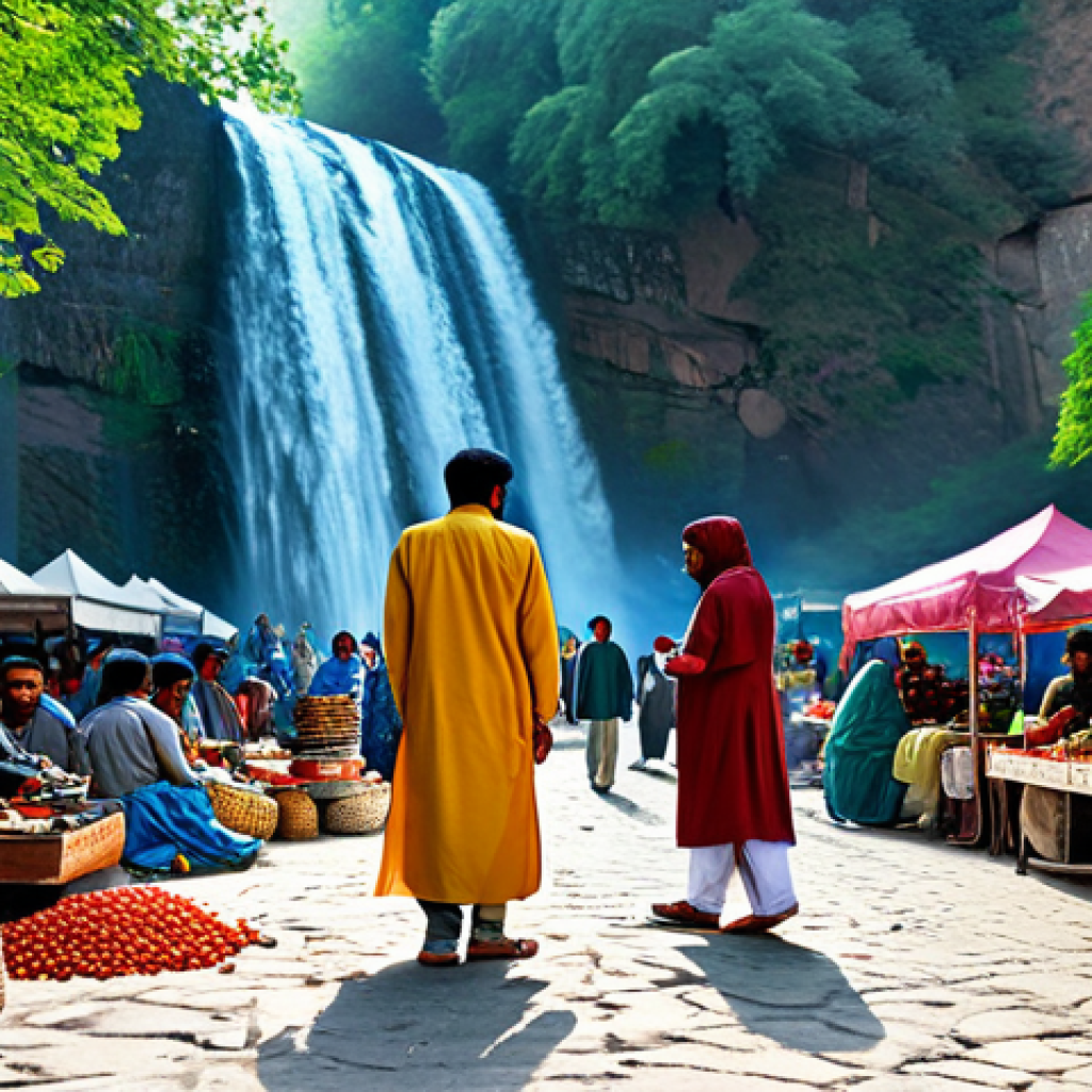 폭포 주변의 전통 축제 - **A vibrant, bustling marketplace scene at the foot of a waterfall, fully clothed people in traditio...