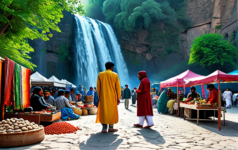 폭포 주변의 전통 축제 - **A vibrant, bustling marketplace scene at the foot of a waterfall, fully clothed people in traditio...