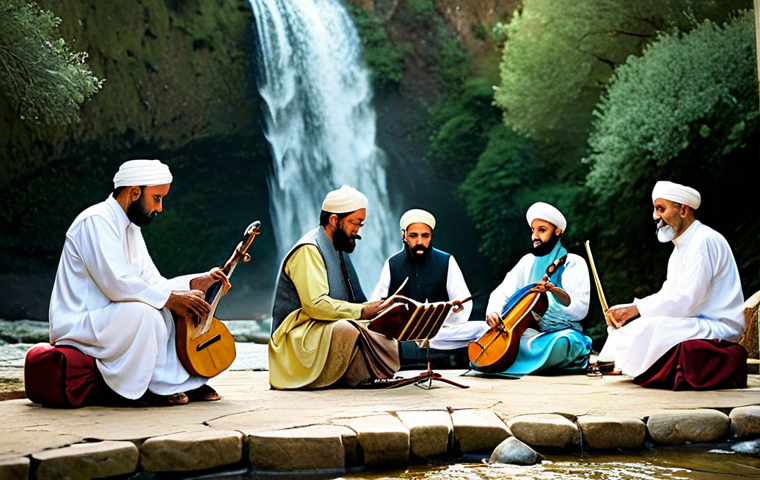 폭포 주변의 전통 축제 - **A vibrant, bustling marketplace scene at the foot of a waterfall, fully clothed people in traditio...