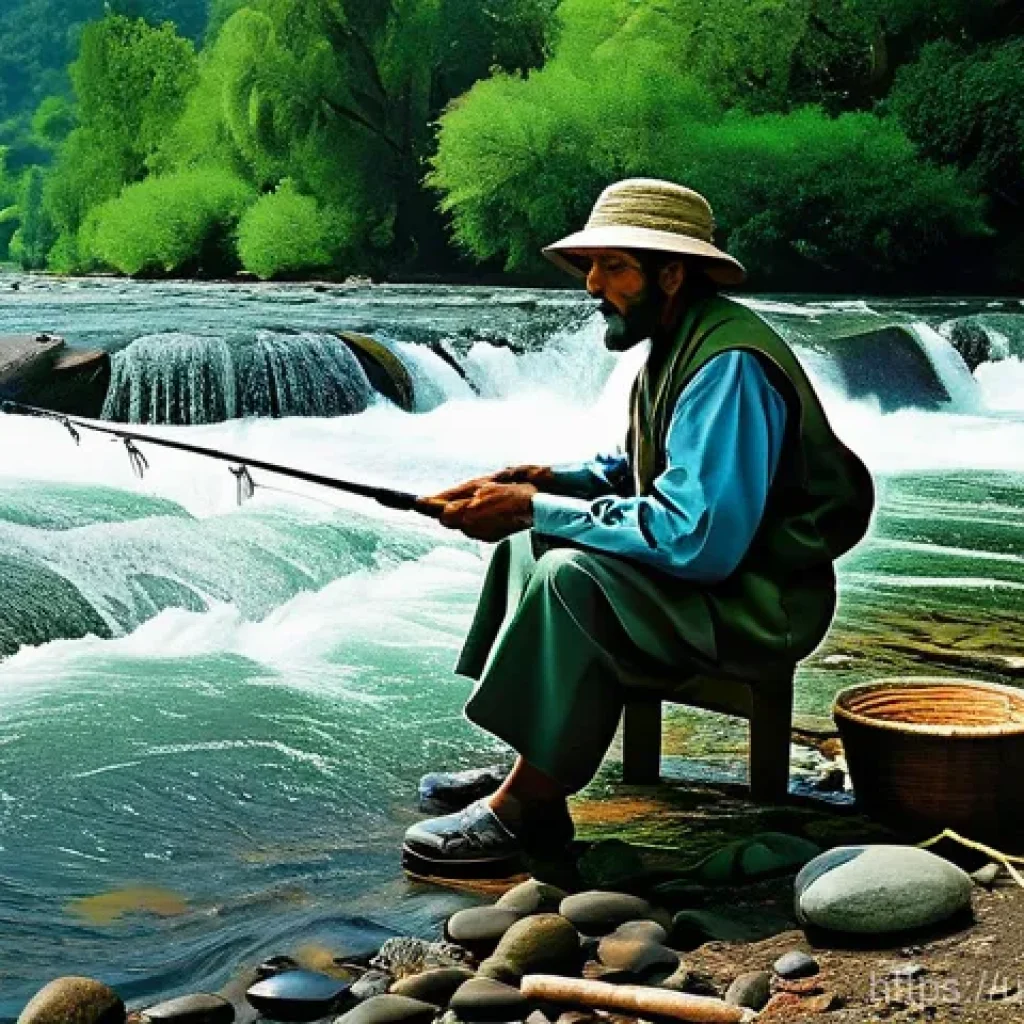 폭포 주변에서 낚시 가능한 곳 - **Prompt:** "A serene, wide-angle shot of an experienced local fisherman, dressed in a traditional y...