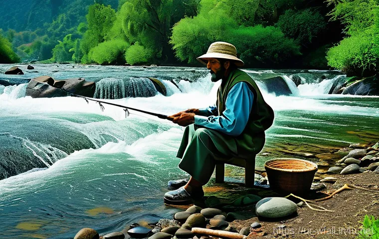 폭포 주변에서 낚시 가능한 곳 - **Prompt:** "A serene, wide-angle shot of an experienced local fisherman, dressed in a traditional y...