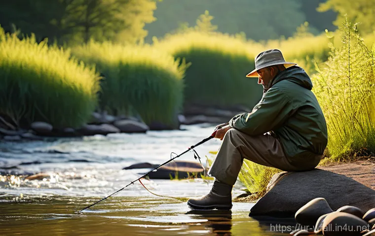 폭포 주변에서 낚시 가능한 곳 - **Prompt:** "A dynamic close-up of an angler, wearing a waterproof fishing jacket and trousers, inte...