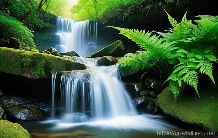 폭포에 대한 신화와 전설 - An imposing waterfall in a dense, ancient jungle, inspired by South American or Indonesian legends o...