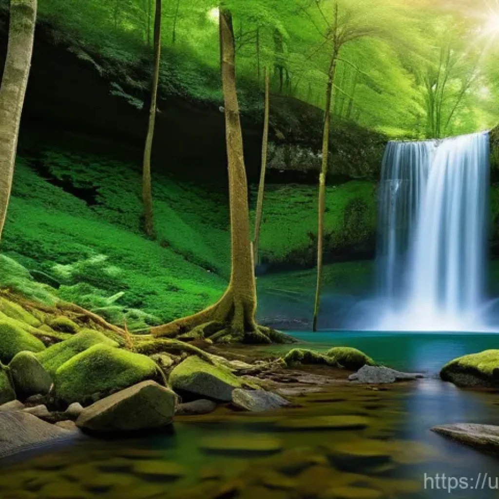 폭포 주변 풍경이 아름다운 곳 - **Prompt 1: "A breathtaking, majestic waterfall cascades gracefully into a clear, tranquil pool. The...