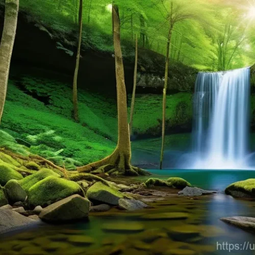 Home 31 폭포 주변 풍경이 아름다운 곳 - **Prompt 1: "A breathtaking, majestic waterfall cascades gracefully into a clear, tranquil pool. The...