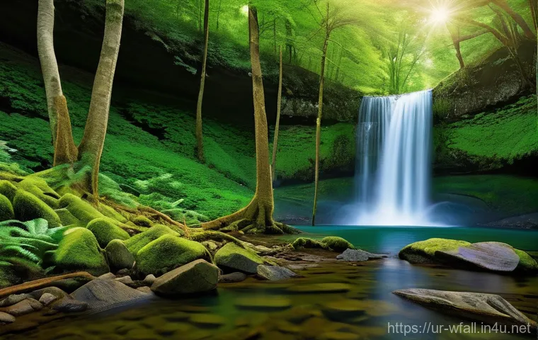 폭포 주변 풍경이 아름다운 곳 - **Prompt 1: "A breathtaking, majestic waterfall cascades gracefully into a clear, tranquil pool. The...
