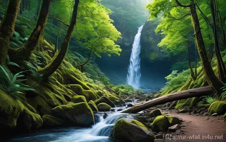 폭포 주변 풍경이 아름다운 곳 - **Prompt 1: "A breathtaking, majestic waterfall cascades gracefully into a clear, tranquil pool. The...