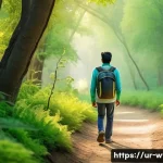 Home 18 폭포 근처 숲길 산책로 - A serene forest pathway in early spring in Pakistan, with soft golden sunlight filtering through den...
