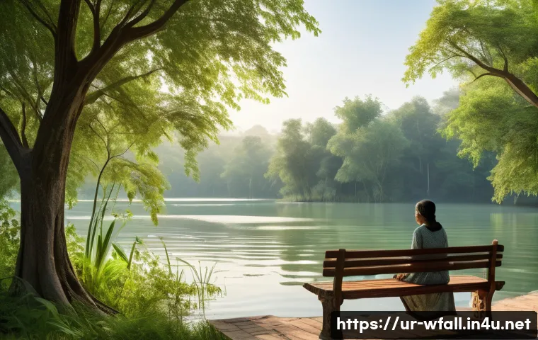 폭포 탐방 후 힐링할 수 있는 장소 - A serene lakeside scene in a lush green setting during early morning, featuring gentle ripples on th...