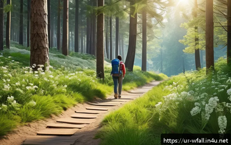 폭포와 자연휴양림 코스 - A serene natural forest resort scene in springtime, featuring lush green trees and blooming flowers ...