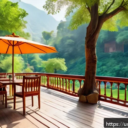Home 15 폭포 주변 카페 추천 - A serene outdoor café setting near a gently flowing waterfall in the lush mountains of Mansehra, Khy...