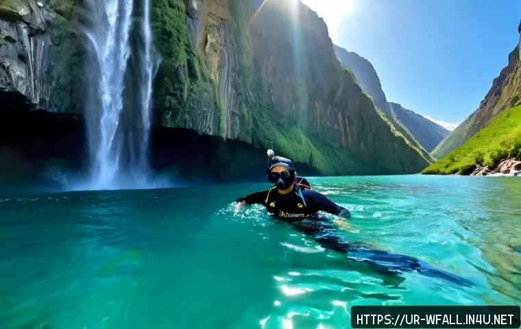 Home 17 폭포에서 하는 스쿠버다이빙 - Photorealistic Pakistani scuba diver in a full wetsuit, mask, regulator, and air tank exploring the ...