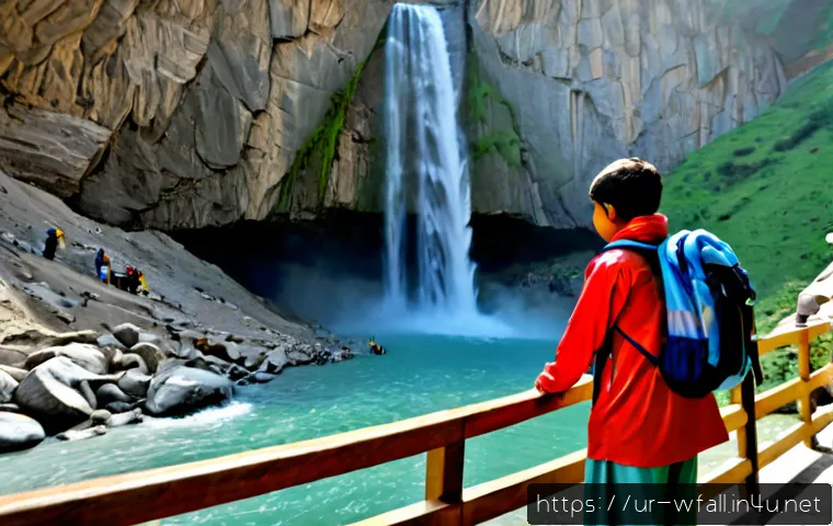 폭포에서 안전하게 여행하는 법 - Photorealistic travel safety scene at a lush mountain waterfall in northern Pakistan, Pakistani fami...